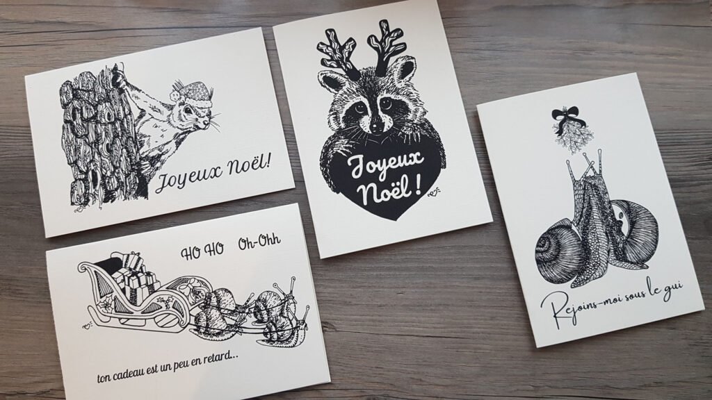 lot de 4 cartes de voeux illustrées à la main et imprimées sur un joli papier texturé, illustratrice française Enamoroo